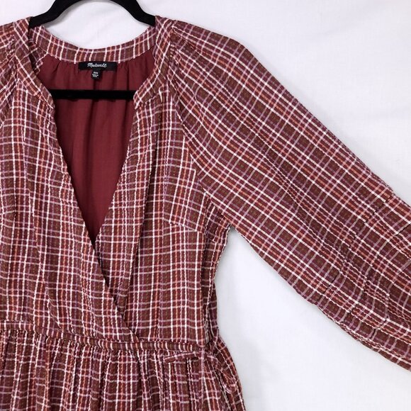 Madewell Seersucker Faux Wrap Mini Dress Size XXS Oversized Red Plaid Tiered - Picture 6 of 12